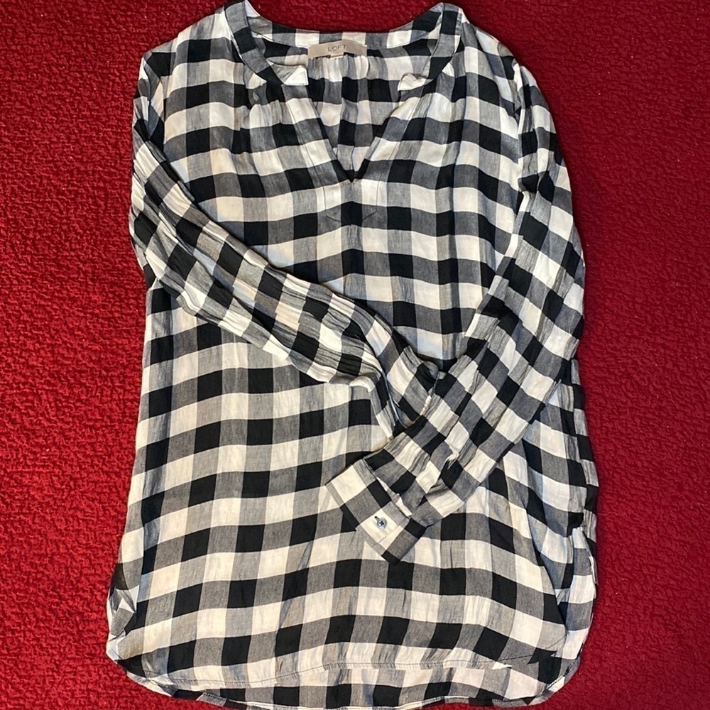 LOFT Black and White Checkered Tunic Blouse Size M